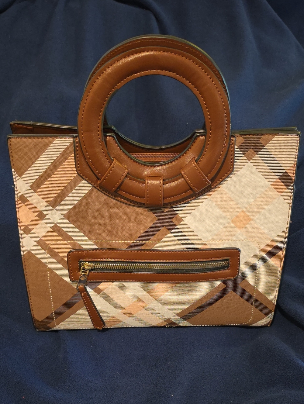 Plaid Brown Circular-Handle Tote Bag